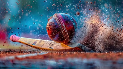 An artistic shot of a cricket ball hitting the stumps, with the bails flying off in a match. The image captures the decisive moment in crisp detail, emphasizing the energy and suddenness of the action