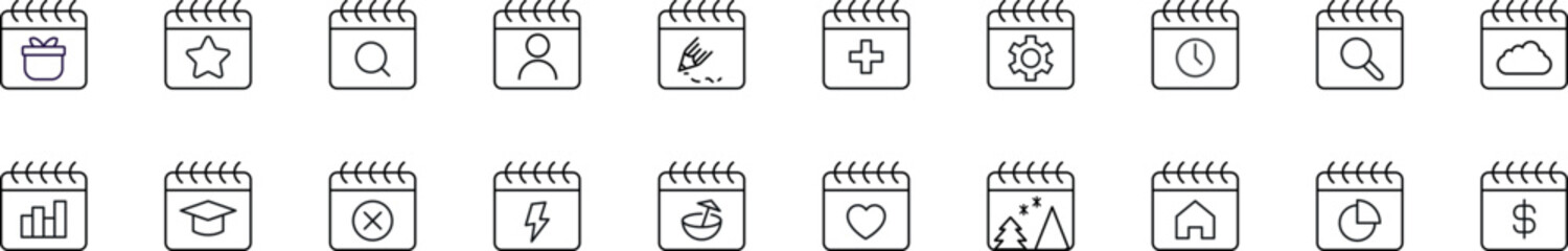 Pack of line icons of calendars. Editable stroke. Simple outline sign for web sites, newspapers, articles book