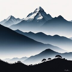 Serene black, white painting capturing majestic mountains, lush trees in harmonious contrast. Printed on merchandise like tshirts, mugs, notebooks for nature lovers, travel brochures promoting.