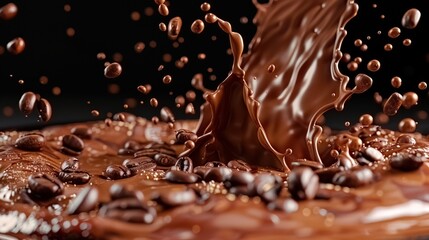 Rich chocolate splash adorned with coffee beans against a black canvas 3D style