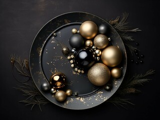 Christmas table setting with golden and black baubles on dark background