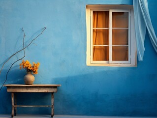 Vase with yellow flowers on the blue wall and vintage wooden chair