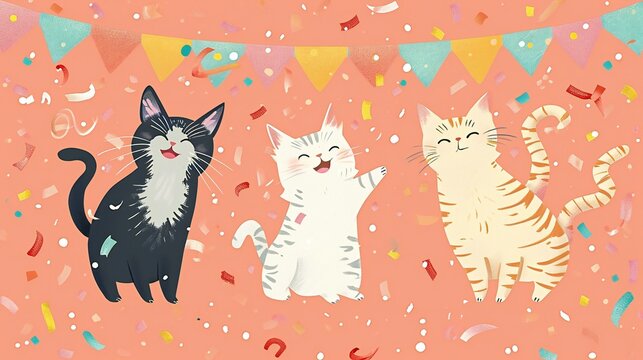 Illustration of Cats Celebrating with Party Hats