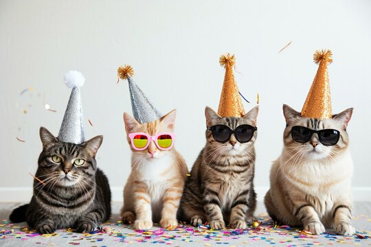 Cats in Party Hats Celebrating with Confetti