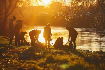 a group of people clean the environment from rubbish in the river - obrazy, fototapety, plakaty