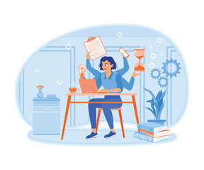 Cheerful female worker. The businesswoman plans and organizes work schedules. Multitasking Work concept. Flat vector illustration.