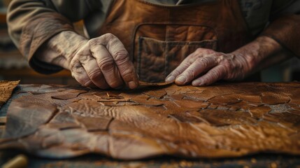 Close-up of leatherwork by skilled hands