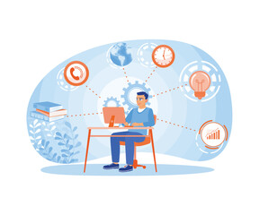 Happy businessman working at the computer. Organize and do multiple jobs at the same time. Multitasking Work concept. Flat vector illustration.