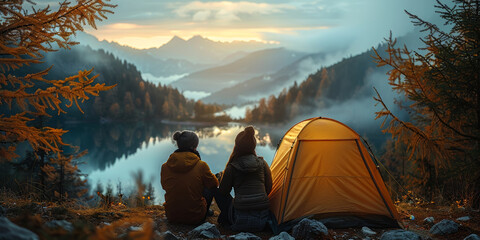 Couple Enjoying a Serene Sunrise from Their Campsite Overlooking a Mountain Lake - Generative AI. - obrazy, fototapety, plakaty