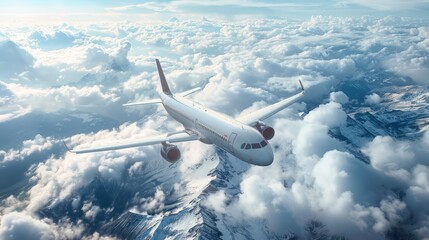 topview,A passenger plane is flying among the clouds. Over mountains and plains