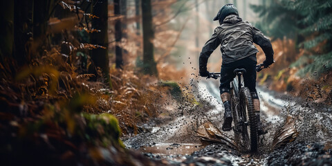 Mountain Biker Speeding Through a Muddy Forest Trail - Generative AI. - obrazy, fototapety, plakaty