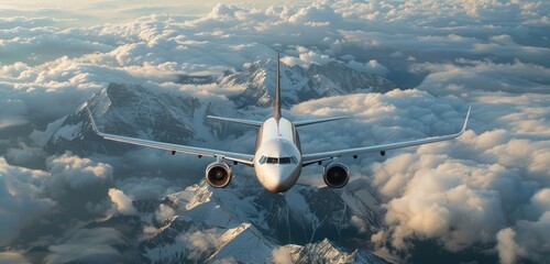 topview,A passenger plane is flying among the clouds. Over mountains and plains - obrazy, fototapety, plakaty