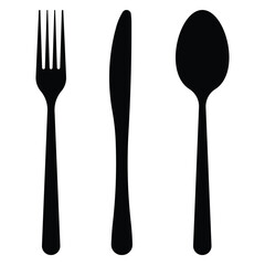 Cutlery icon set. Spoon, fork, forks, knife. Black silhouette. Logotype menu. Tableware set flat style. Dinner service collection. Vector illustration