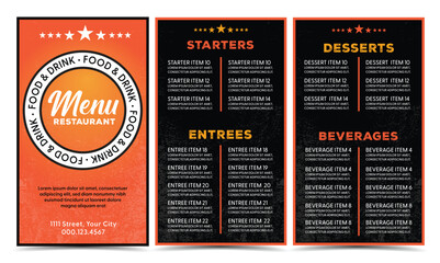 Restaurant menu modern orange and black design template