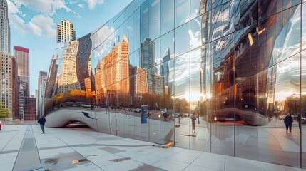 Futuristic chrome architecture with mirror-like facades reflecting urban landscapes