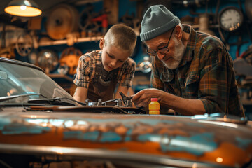 Grandfather and grandchild repairing vintage car together