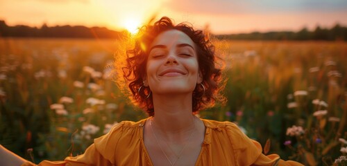 Backlit Portrait of calm happy smiling free breast cancer survivor woman with open arms and closed eyes enjoys a beautiful moment life on the fields at sunset 
