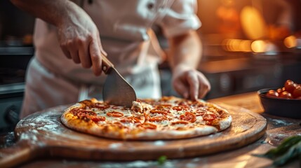 Chef slicing pizza on wooden board in kitchen. - obrazy, fototapety, plakaty