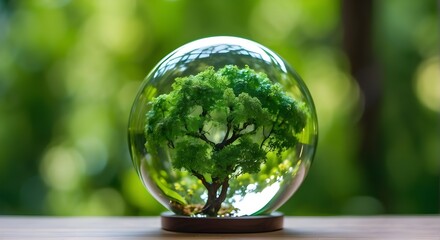 glass globe ball with blurred green nature and trees sprouting in the background. eco-friendly Earth Day idea