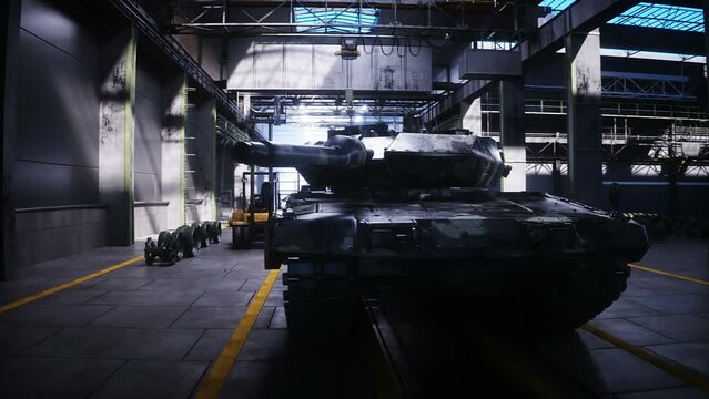 Production of military german battle tank leopard at the factory. Military factory weapon. Realistic 4k animation.