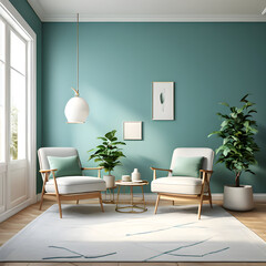 A Room With A Blue Wall And Chairs - obrazy, fototapety, plakaty