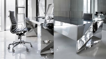 Metallic chrome office furniture with reflective surfaces for a modern workspace