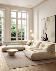 Minimalist interior design of modern living room, home. Tufted sofa in classic room.