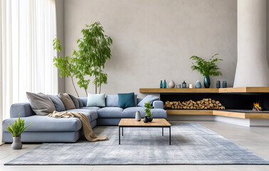 Naklejka premium Minimalist interior design of modern living room, home. Blue sofa near fireplace against concrete wall with copy space.