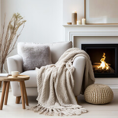 Fototapeta premium Scandinavian, hygge interior design of modern living room, home. Grey armchair with fur pillow and knitted blanket near fireplace.