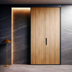 Wooden wardrobe against black marble wall in minimalist style interior design of modern bedroom. - 757629777