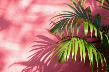 Fototapeta na wymiar Tropical plant shadows on a pink wall