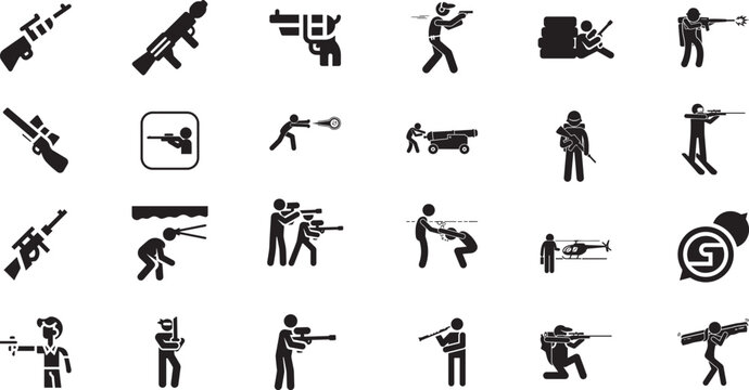 Silhouette of a male shooter carrying sniper long barrel riffle gun weapon