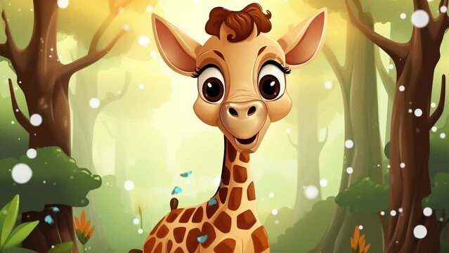 Adorable fluffy giraffe exploring lush jungle foliage with graceful charm and curiosity Seamless looping 4k time-lapse virtual video animation background. Generated AI