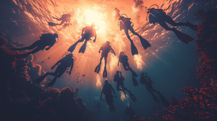 A group of friends snorkeling in the ocean at sunset - obrazy, fototapety, plakaty