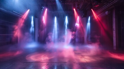 A stage with a stage with flames and a stage with a stage with a stage in the background. - obrazy, fototapety, plakaty