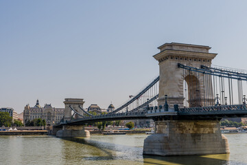 The Chain Bridge over the Danube River with clear skies Hungary, in Budapest, Hungary