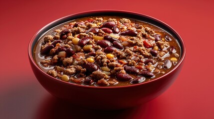 Obraz na płótnie Canvas A bowl of hearty chili with ground beef and beans, captured against a solid red background for a warm and satisfying food shot.