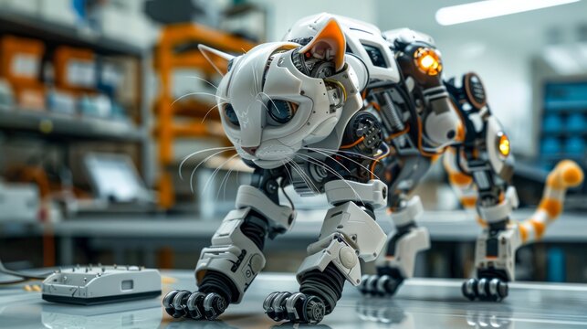 Advanced Bionic Robot Cat with Futuristic Design Standing in High-Tech Laboratory Setting
