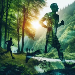 double exposure runner in forest