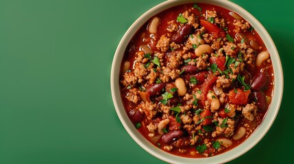 A bowl of spicy chili with ground turkey and beans, captured against a solid green background for a flavorful and satisfying food shot.