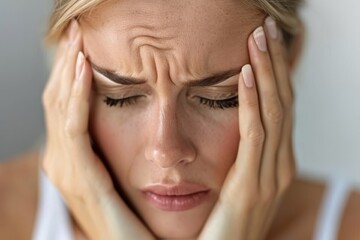 Fototapeta premium Close-up of a distressed woman holding her temples and showcasing symptoms of a headache or stress