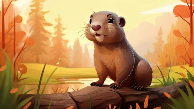 Adorable fluffy beaver exploring lush jungle foliage with gentle charm and curiosity Seamless looping 4k time-lapse virtual video animation background. Generated AI