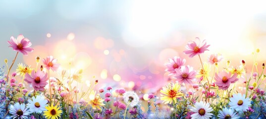 Tranquil floral meadow  white and pink daisies, yellow dandelions at sunset, dreamy pastel sky.