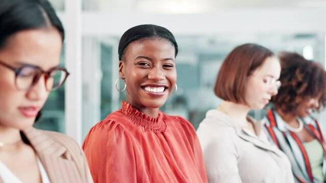 Happy woman, team and business with row in meeting for career opportunity or ambition at office. Portrait of African female person, intern or employee with smile in waiting room for job or hiring