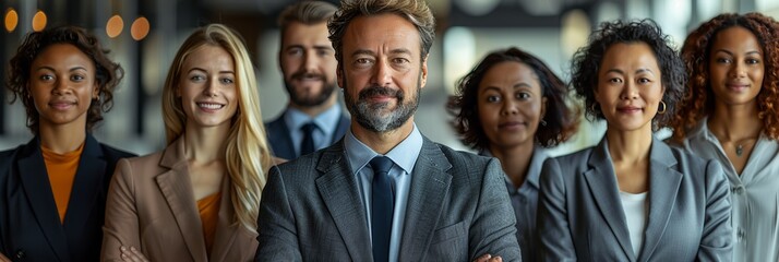 Multicultural corporate team in formal attire smiling for camera