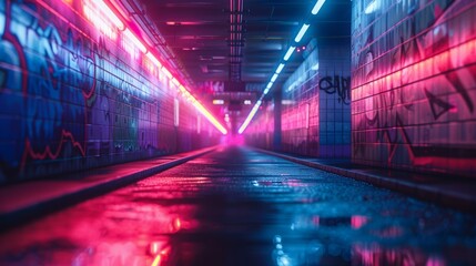Cyberpunk city tunnel bathed in neon lights - obrazy, fototapety, plakaty