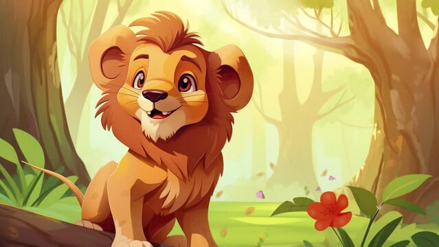 Adorable fluffy lion exploring lush jungle foliage with regal charm and curiosity Seamless looping 4k time-lapse virtual video animation background. Generated AI