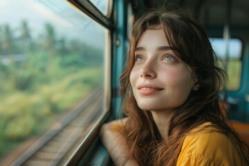 A young woman gazes out of a train window, captivated by the scenic natural beauty of the passing landscape