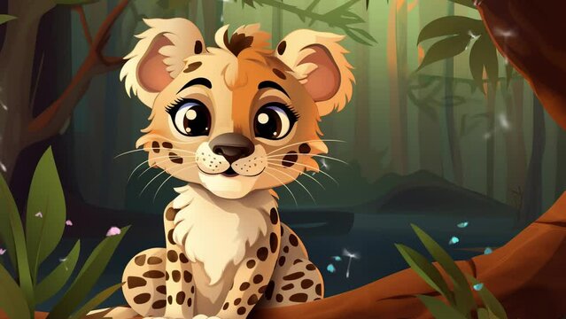 Adorable fluffy cheetah exploring lush jungle foliage with graceful charm and curiosity Seamless looping 4k time-lapse virtual video animation background. Generated AI