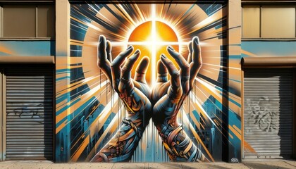 Hands in front of a graffiti wall with rays of light. Digital illustration